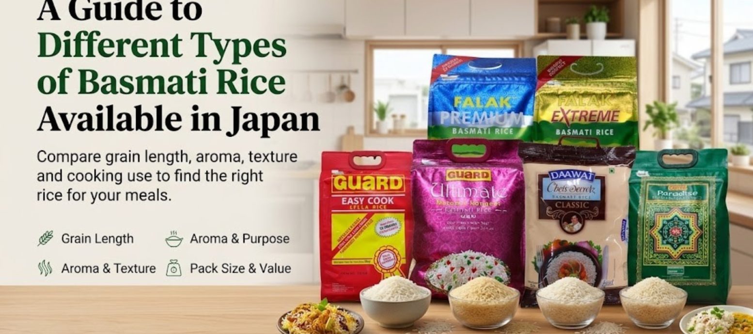 "A Guide to Different Types of Basmati Rice Available in Japan, comparing grain length, aroma, texture, and cooking use across brands like Falak, Guard, Daawat, and Paradise."