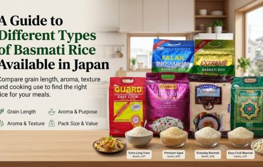 "A Guide to Different Types of Basmati Rice Available in Japan, comparing grain length, aroma, texture, and cooking use across brands like Falak, Guard, Daawat, and Paradise."