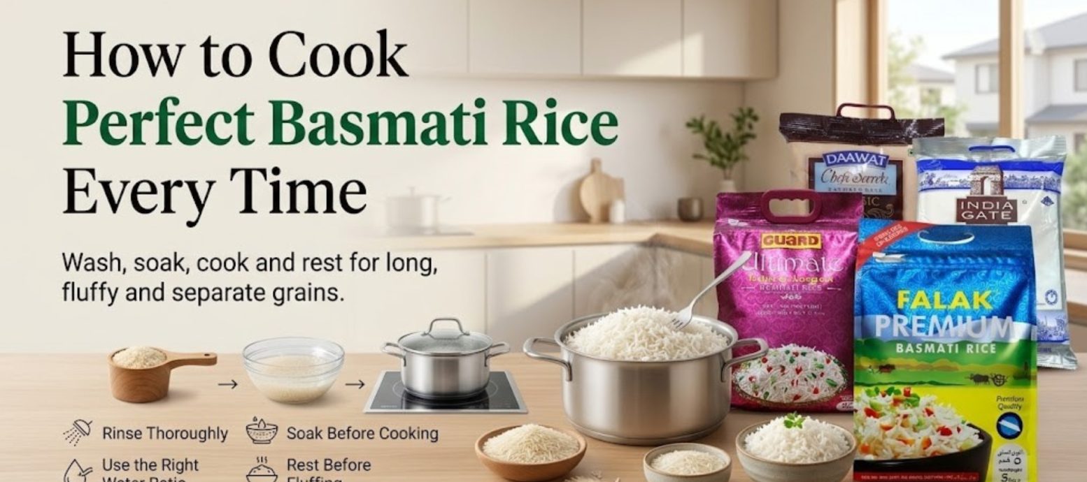"How to Cook Perfect Basmati Rice Every Time, featuring tips like rinsing, soaking, water ratio, and resting, alongside bags of Basmati rice brands like Falak, Guard, and India Gate."