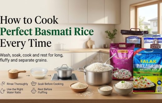 "How to Cook Perfect Basmati Rice Every Time, featuring tips like rinsing, soaking, water ratio, and resting, alongside bags of Basmati rice brands like Falak, Guard, and India Gate."