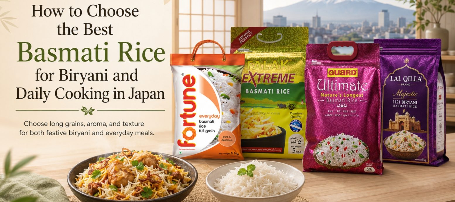 "How to Choose the Best Basmati Rice for Biryani and Daily Cooking in Japan, featuring popular rice brands like Fortune, Falak, Guard, and Lal Qilla."