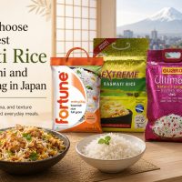 "How to Choose the Best Basmati Rice for Biryani and Daily Cooking in Japan, featuring popular rice brands like Fortune, Falak, Guard, and Lal Qilla."