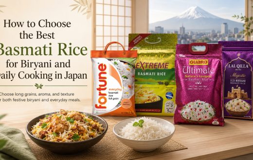 A variety of premium Basmati rice brands including Fortune, Falak Extreme, Guard Ultimate, and Lal Qilla displayed on a table with a bowl of cooked biryani and plain steamed rice, set against a background of Mount Fuji.