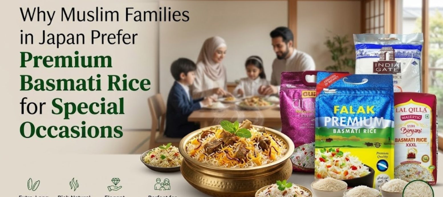 "Why Muslim Families in Japan Prefer Premium Basmati Rice for Special Occasions, featuring Falak, India Gate, and Lal Qilla rice brands with a serving of aromatic Biryani."