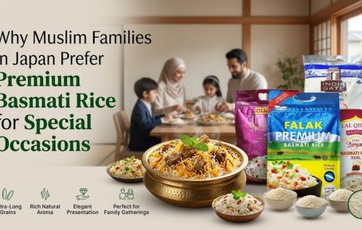 "Why Muslim Families in Japan Prefer Premium Basmati Rice for Special Occasions, featuring Falak, India Gate, and Lal Qilla rice brands with a serving of aromatic Biryani."