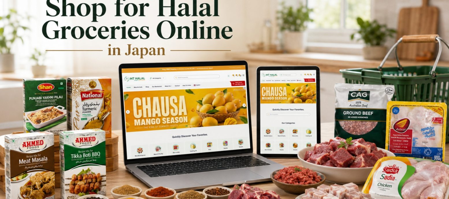 A laptop and tablet displaying an online grocery store, surrounded by various Halal food products, spice packets, and fresh meat on a wooden table.