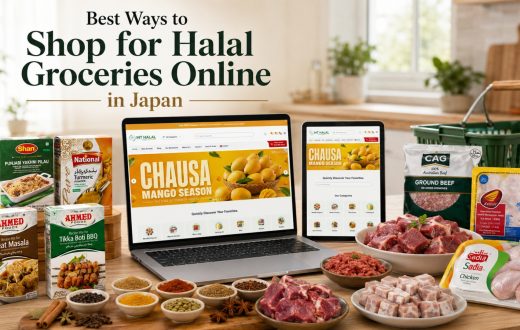 A laptop and tablet displaying an online grocery store, surrounded by various Halal food products, spice packets, and fresh meat on a wooden table.