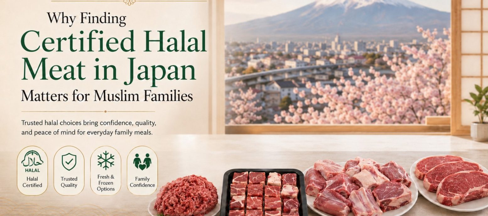 A variety of fresh, high-quality raw meats including minced meat, cubed meat, and steaks arranged on plates, highlighting the importance of certified halal meat for Muslim families in Japan, with a scenic view of Mount Fuji in the background.