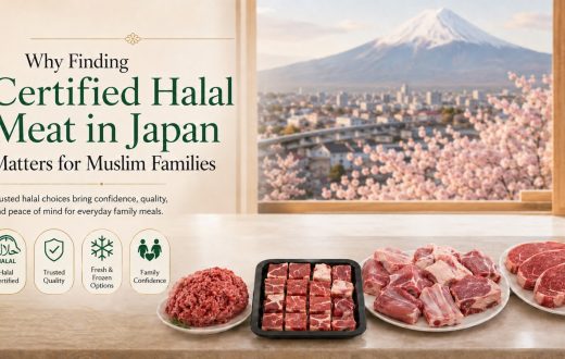 A variety of fresh, high-quality raw meats including minced meat, cubed meat, and steaks arranged on plates, highlighting the importance of certified halal meat for Muslim families in Japan, with a scenic view of Mount Fuji in the background.