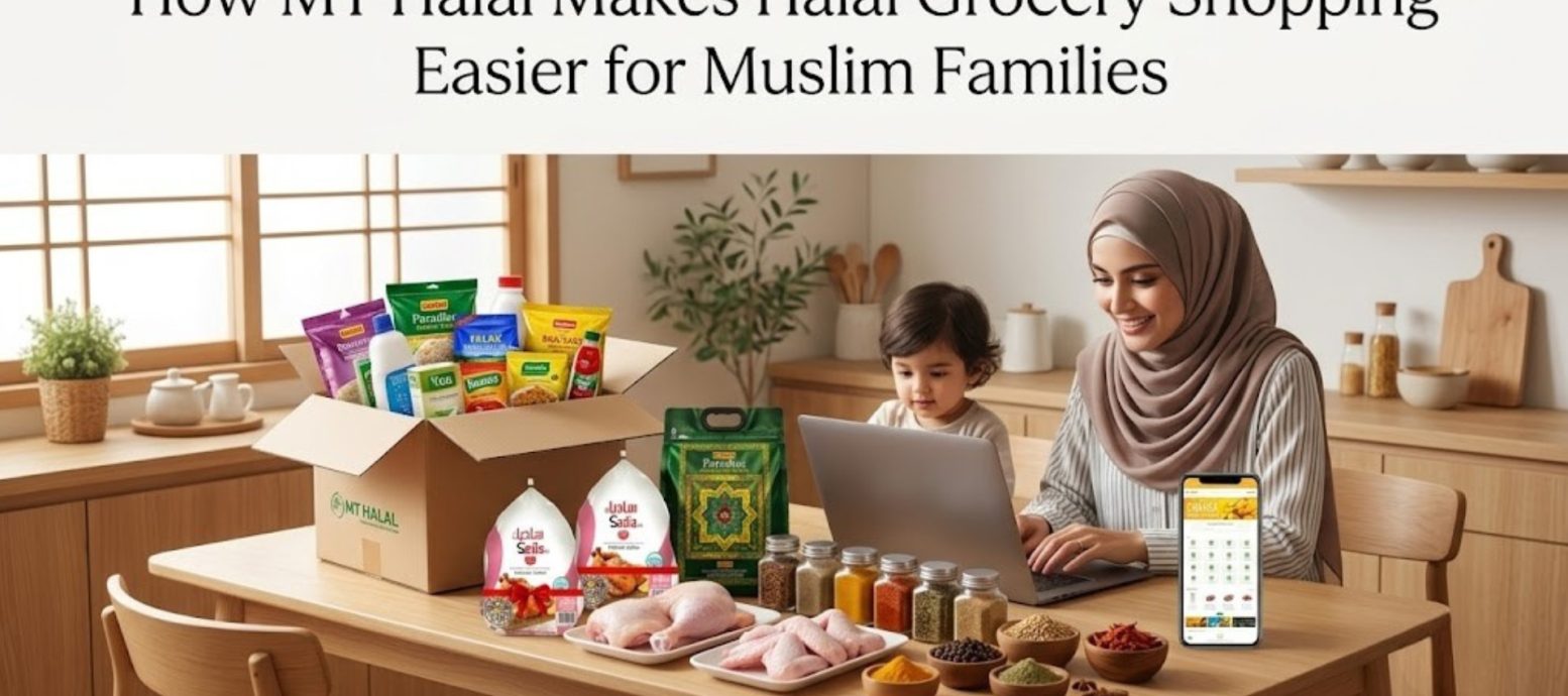 A Muslim mother and child using a laptop to shop for groceries online, with an MT Halal delivery box and various Halal food products on the table.
