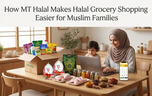 A Muslim mother and child using a laptop to shop for groceries online, with an MT Halal delivery box and various Halal food products on the table.