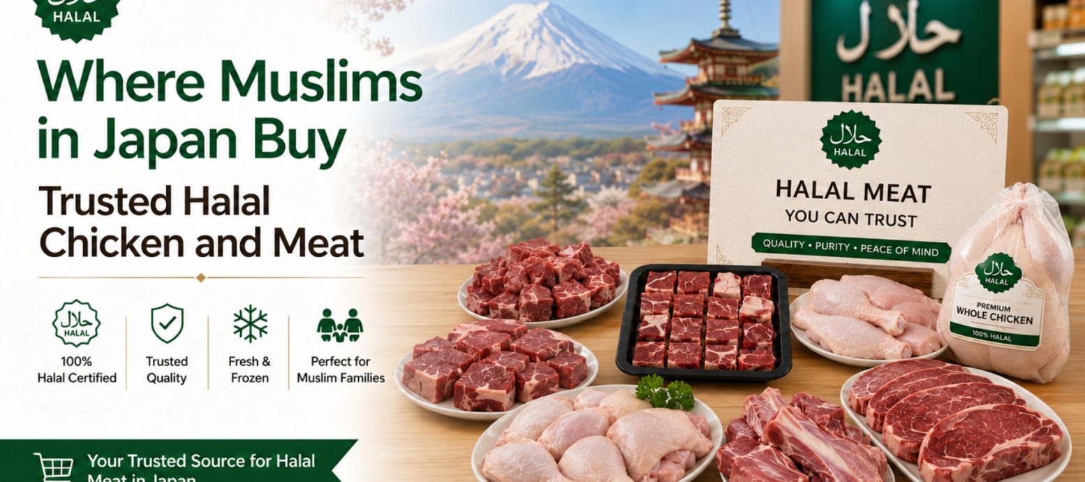 A variety of fresh halal-certified chicken and meat cuts arranged on a table with a sign reading "Halal Meat You Can Trust," set against a background featuring Mount Fuji and a traditional Japanese pagoda.