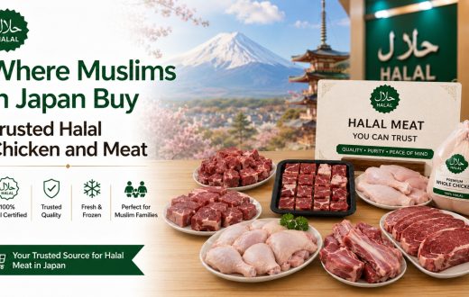 A variety of fresh halal-certified chicken and meat cuts arranged on a table with a sign reading "Halal Meat You Can Trust," set against a background featuring Mount Fuji and a traditional Japanese pagoda.