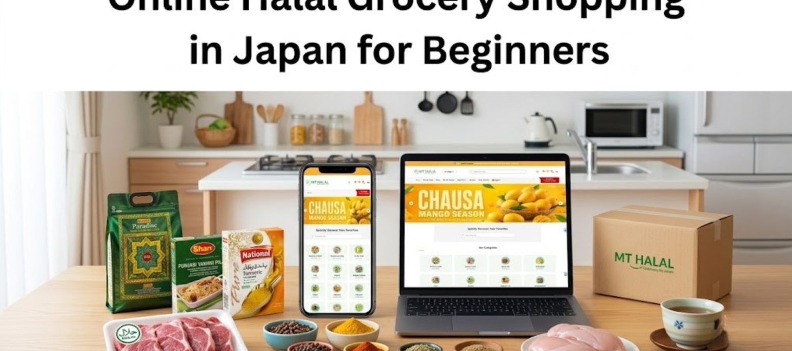A laptop and smartphone displaying an online grocery store, surrounded by Halal food products, spices, fresh meat, and a delivery box on a kitchen table.