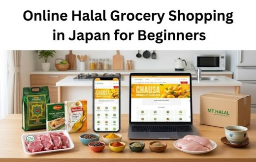 A laptop and smartphone displaying an online grocery store, surrounded by Halal food products, spices, fresh meat, and a delivery box on a kitchen table.
