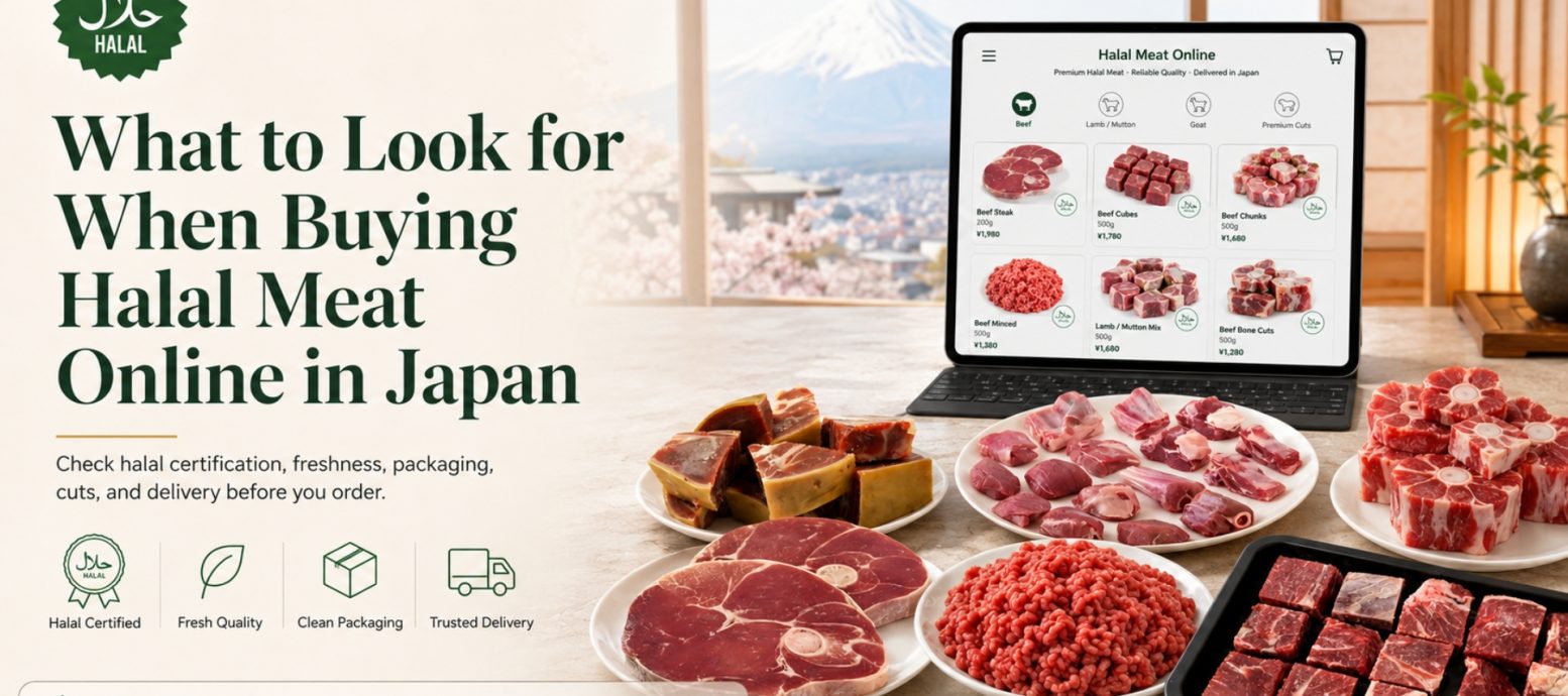 A tablet displaying an online halal meat store interface with various cuts of beef and mutton, accompanied by plates of fresh raw meat, highlighting tips for buying halal meat online in Japan.