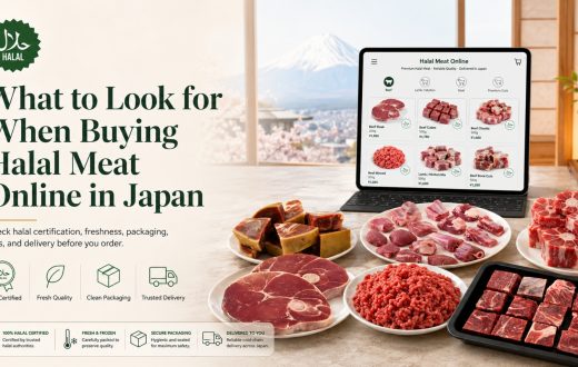A tablet displaying an online halal meat store interface with various cuts of beef and mutton, accompanied by plates of fresh raw meat, highlighting tips for buying halal meat online in Japan.