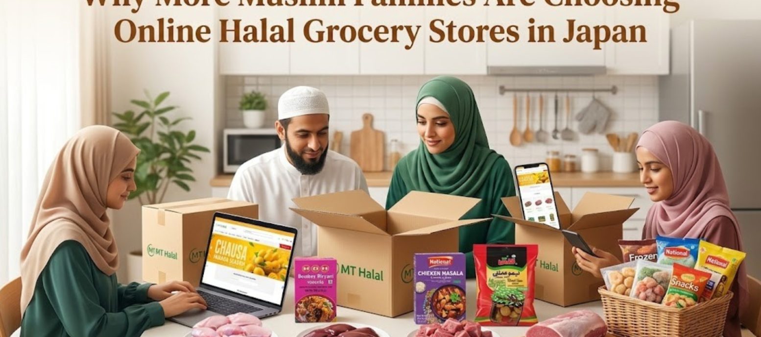 A Muslim family sitting at a table with laptops and smartphones, unpacking MT Halal delivery boxes filled with groceries, meat, and spices.