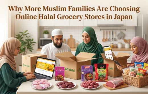 A Muslim family sitting at a table with laptops and smartphones, unpacking MT Halal delivery boxes filled with groceries, meat, and spices.