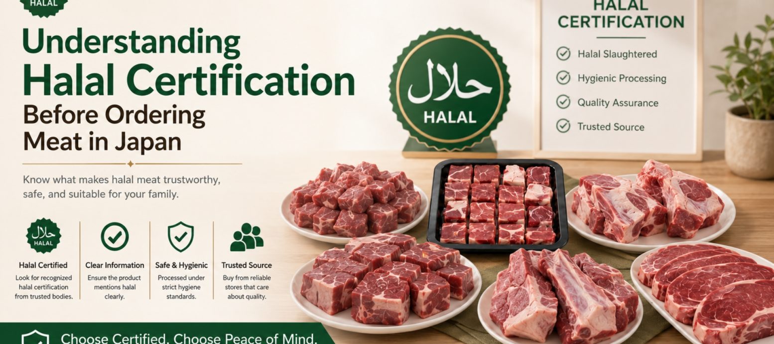 A professional display of various raw meat cuts on plates, with a sign detailing "Halal Certification" criteria like Halal slaughtered, hygienic processing, and quality assurance, emphasizing trust for consumers in Japan.