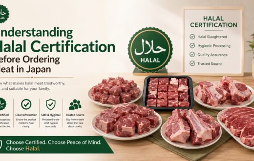 A professional display of various raw meat cuts on plates, with a sign detailing "Halal Certification" criteria like Halal slaughtered, hygienic processing, and quality assurance, emphasizing trust for consumers in Japan.